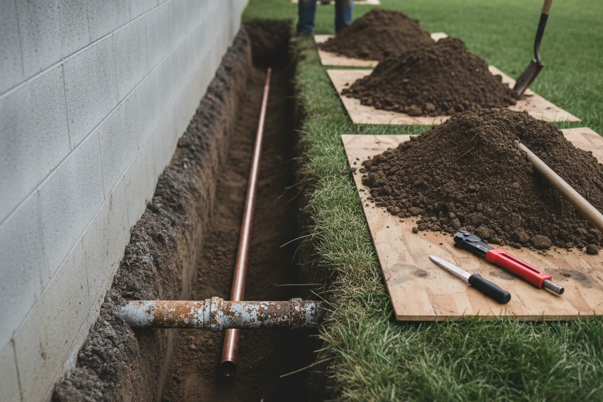 Excavated water line trench during Water Heater Repair in Acosta